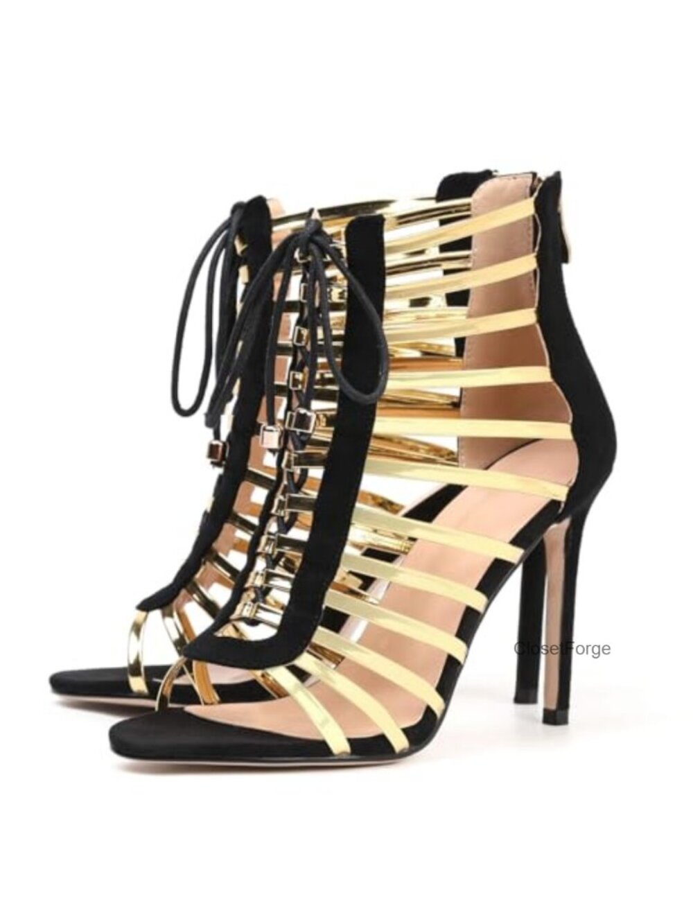 Gold Lace Up Cage Stiletto Heels for Women Sexy Party Dressy Sandals